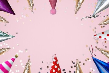 Festive Party Hats and Confetti on Pink