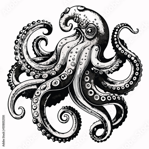 Detailed Black and White Octopus Illustration with Intricate Tentacles and Suction Cups Design