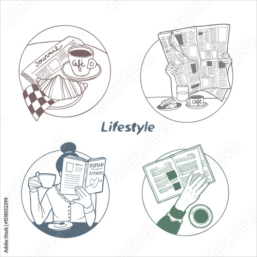 reading newspaper and drinking coffee hand-drawn morning lifestyle illustration
