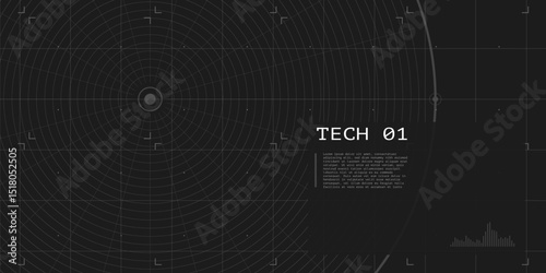 Concentric circle grid with target center on dark background. Futuristic radar tech interface. Digital HUD. Sci fi screen. Spaceship control or VR display.