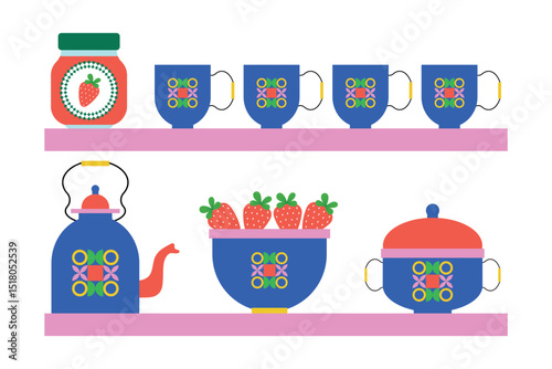 Shelves with kitchen utensils. Kitchenware: teapot, saucepan, plate with strawberries, cups, strawberry jam. Cozy kitchen shelves with utensils. Vector illustration.