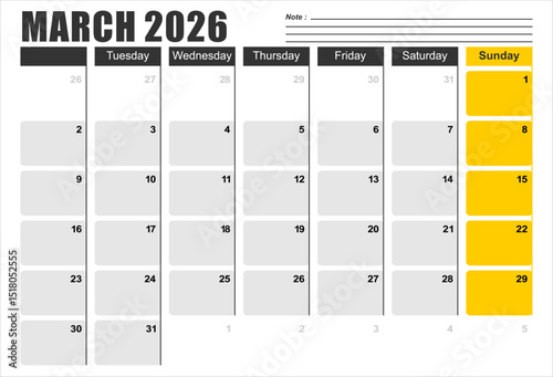 Calendar 2026 template planner vector diary in a minimalist style