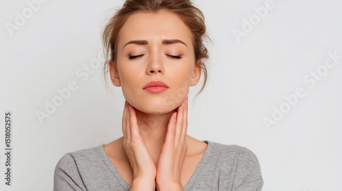 A woman pressing fingers to neck, uneasy about thyroid swelling, white plain background, endocrine health issue