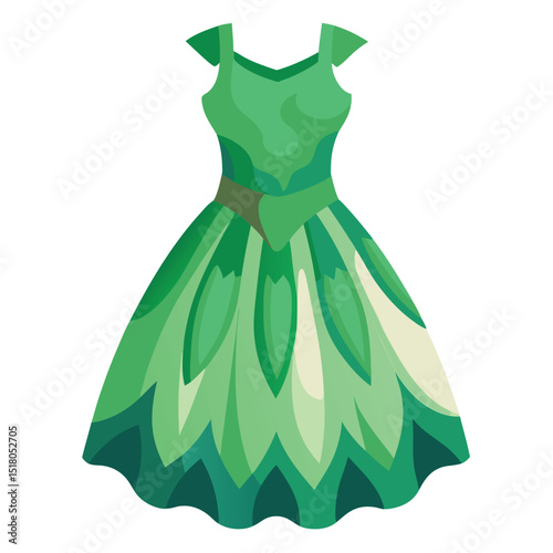 Elegant Green Dress Illustration VNeck, Sleeveless Design with Stylish Belt and Flared Skirt