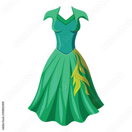 Emerald Green Dress with Unique Collar and Golden Foliage Illustration Style