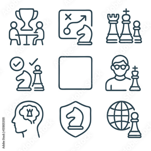 Nine chess game icons for various game pieces. Suitable for board game designs, educational materials, or strategy game illustrations.