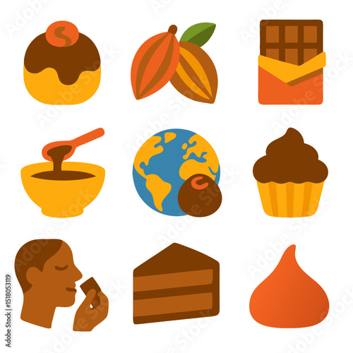 World Chocolate Day icons depict chocolates history and culture. Perfect for social media, packaging design, websites, and educational materials.