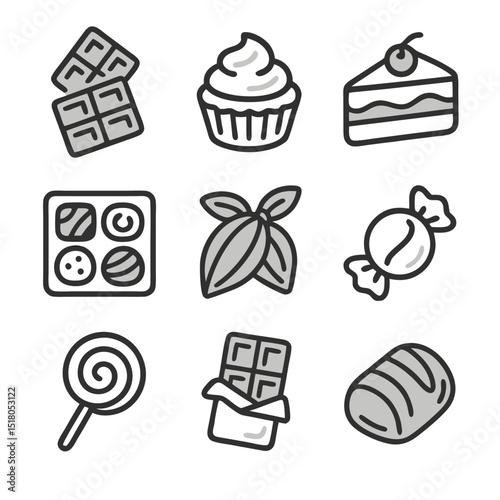 World Chocolate Day icons depict chocolates history and culture. Perfect for social media, packaging design, websites, and educational materials.