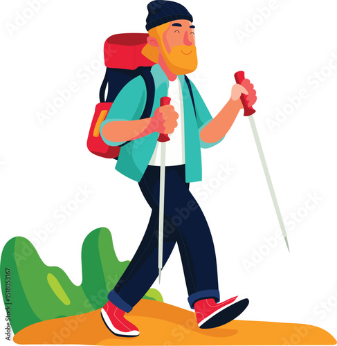 man hiking with carier bag illustration
