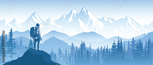 A tourist meets the sunrise in the mountains, hiking, adventure tourism and travel, vector illustration