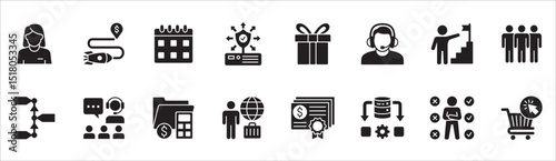 Business and management icon set. Contains symbol of businessman, target, leadership, progress, holiday, data, stock, market, accounting, training, resource, finance, service. Vector illustration