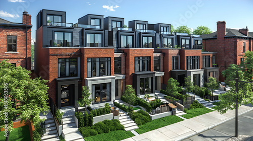 Modern Townhouses In A Row With Brick Facades And Lush Landscaping