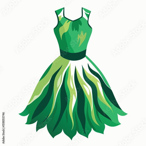 Illustrative Green Dress Sleeveless ALine Gown with LeafLike Design and Dark Green Belt