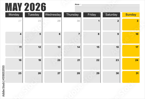 Calendar 2026 template planner vector diary in a minimalist style