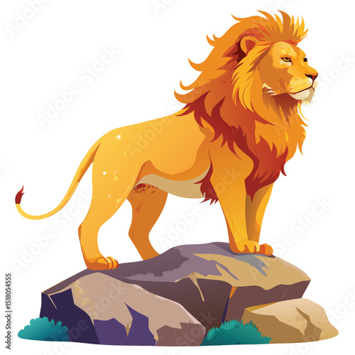 Majestic Cartoon Lion Standing on Rocks, Illustration of Wild Animal Royalty