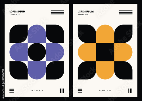 Collection of abstract poster wallpapers featuring bold shapes in vibrant colors with black contrast, perfect for modern designs and digital backgrounds.