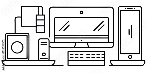 Electronic devices isolated on white background in line art style