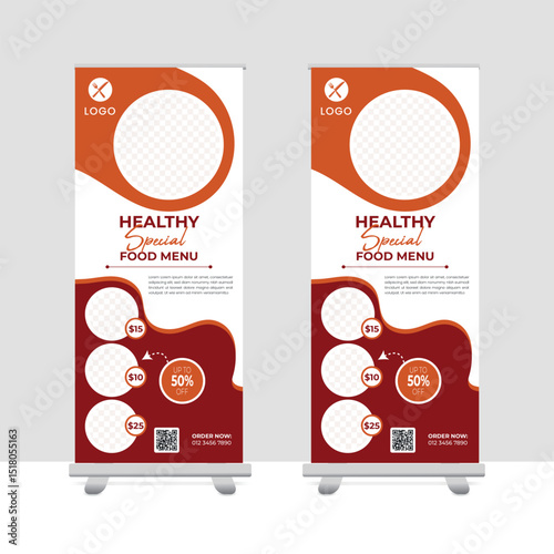 Restaurant Food Roll Up Banner Template Design Vibrant and appetizing roll-up banner design for restaurants, cafes, or food promotions. Features bold food imagery and a clean layout. Fully editable