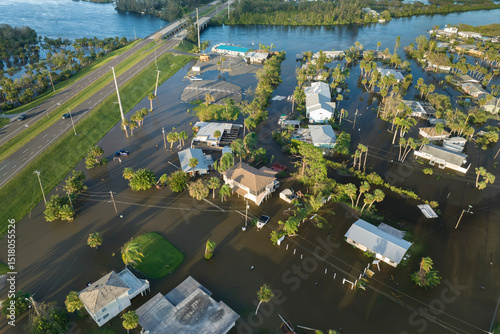 Aftermath of natural disaster. Flooded houses by hurricane rainfall in Florida residential area