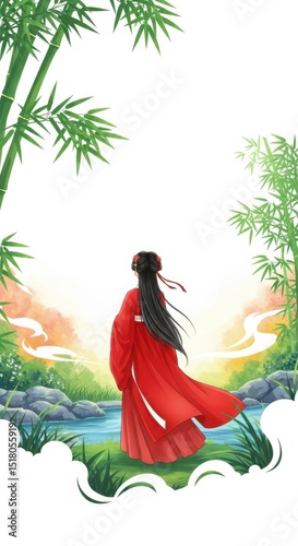 Back of a woman in costume by the Bamboo Forest
