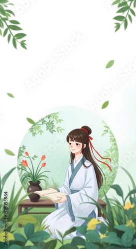 Ancient style outdoor reading scene for women