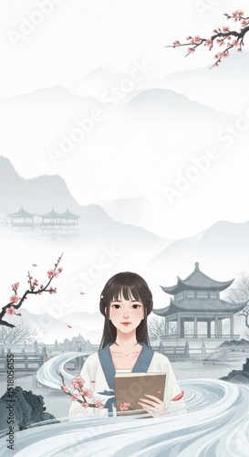 The ancient woman stood holding a book among the mountains and rivers