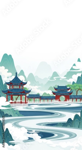 Illustrations of ancient Chinese-style landscape architecture