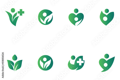 Green Health and Wellness Leaf Logo Set