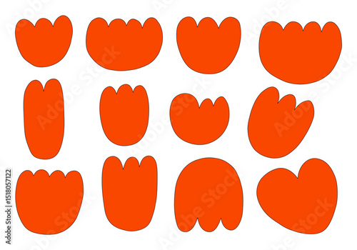 Abstract Orange Floral Petal Shape. A bold collection of twelve abstract orange petal shapes featuring tulip styles rounded blobs lobed silhouettes and heart inspired forms. Perfect for floral layouts
