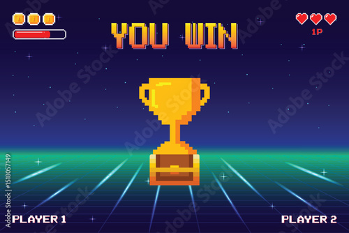 "You Win" text with gold trophy on treasure chest. on dark blue background. retro game. for game assets in vector illustrations.