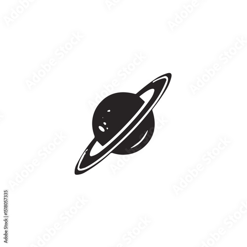 Planet with rings, minimalist design, black and white for astronomy blogs with room to copy