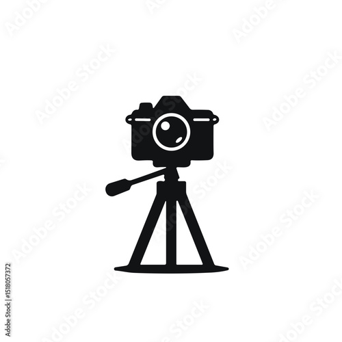 Camera with tripod, silhouette icon, photography concept, with space for copy