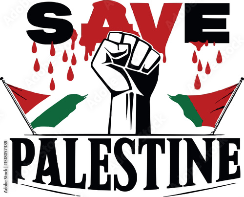 Powerful Solidarity Save Gaza and Free Palestine Bold Red Fist with Palestinian Flag Design for Advocacy and Awareness Campaign Vector Art Instant Free Download