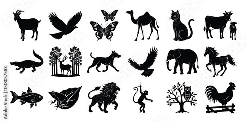 farm animals collection vector , farm animals vector set , animals silhouette on white background . 