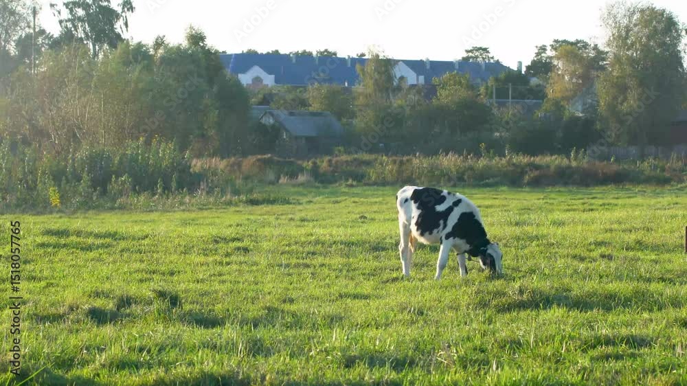 A young heifer grazes on a green meadow in the rays of the setting sun against the backdrop of wooden buildings. A young heifer grazes on a green meadow in the rays of the setting sun against the backdrop of wooden buildings.