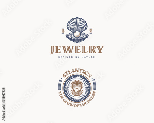 vintage classic with diamond pearl shell and oyster sea element luxury logo