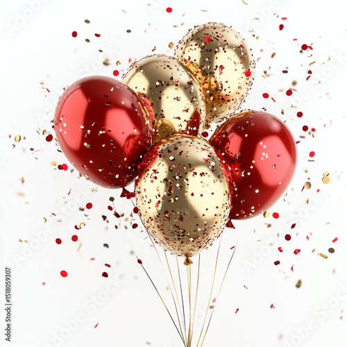 Festive bunch of gold and red balloons with confetti on a white background for celebrations and events