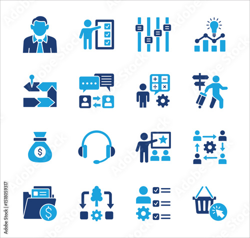 Business company Icon set. Management icon set. Contains symbol of teamwork, data, asset, stock, resource, employee, businessman, target, finance, holiday, meeting, progress. Vector illustration