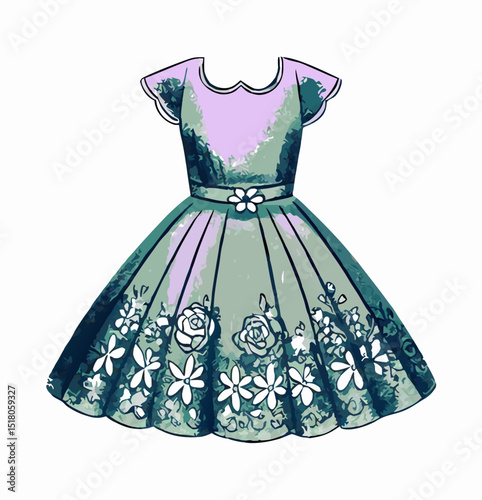 Floral Vintage Dress Design, Teal & Lavender