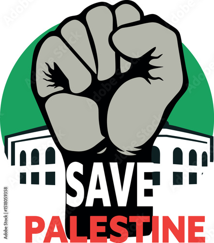 Empowering Solidarity The Iconic Raised Fist Symbolizing Hope and Resistance for a Free Palestine Against a Historic Architectural Backdrop