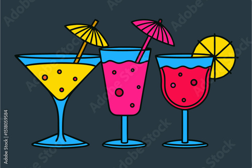 Colorful summer cocktails with umbrellas and fruits on dark background  