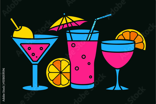Colorful summer cocktails with fruit garnishes on black background  