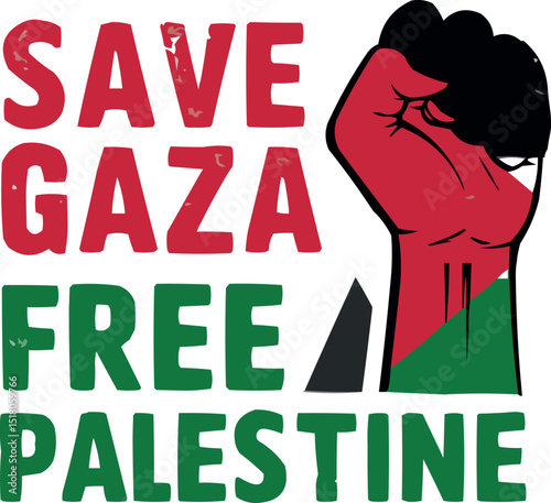 Powerful Solidarity Save Gaza and Free Palestine Bold Red Fist with Palestinian Flag Design for Advocacy and Awareness Campaign Vector Art Instant Free Download