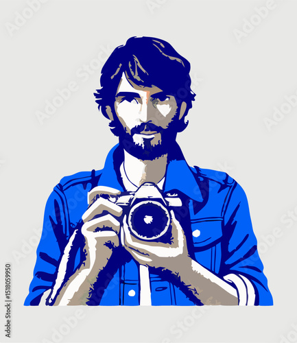 Man with Beard Holding Vintage Camera, Blue Denim Jacket