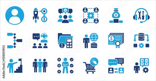 Business company and Management icon set. Contains symbol of teamwork, target, market, global, success, customer service, leadership, holiday, asset, meeting, entrepreneur. Vector illustration