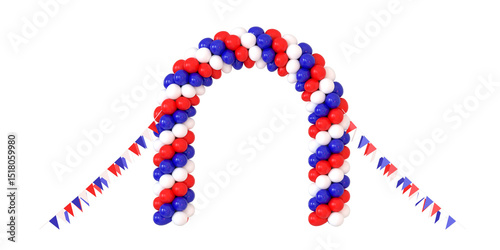une arche de ballons et fanions aux couleurs de la France pour le 14 juillet, jour de la fête nationale