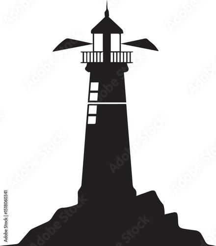 Guiding Lighthouse Silhouette on Rocks - Nautical Coastal Navigation Vector Icon