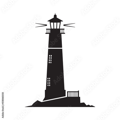 Guiding Lighthouse Silhouette on Rocks - Nautical Coastal Navigation Vector Icon