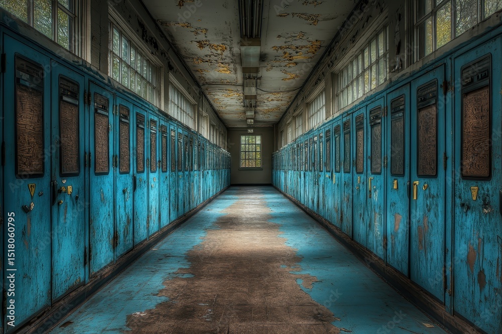 Obraz premium Long abandoned school hallway with weathered blue lockers on either side. Evokes nostalgia, decay, or urban exploration themes.