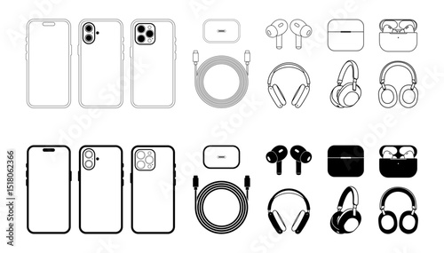 iPhone 16 and Pro Max Icons with Latest Accessories – Vector Set featuring detailed accessories like earbuds, charging cable, adapter, and headphones.